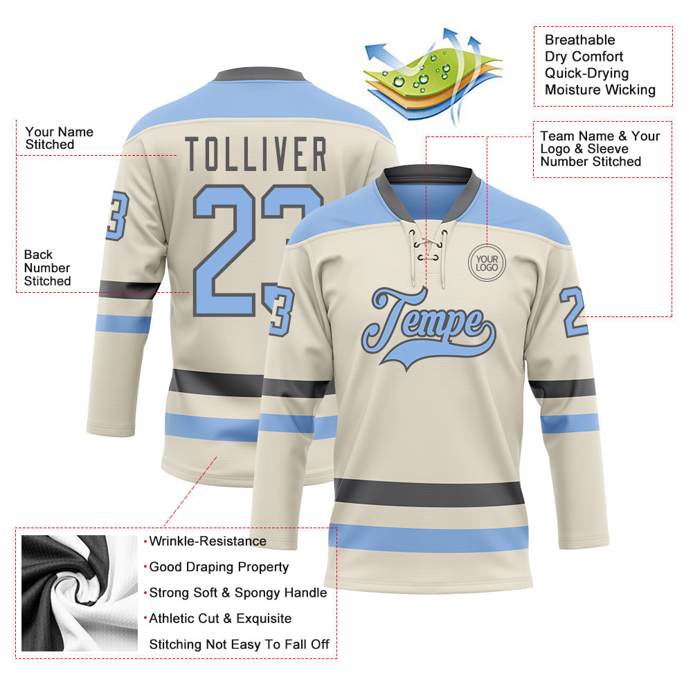Custom Cream Light Blue-Steel Gray Hockey Lace Neck Jersey - Sky-Custom