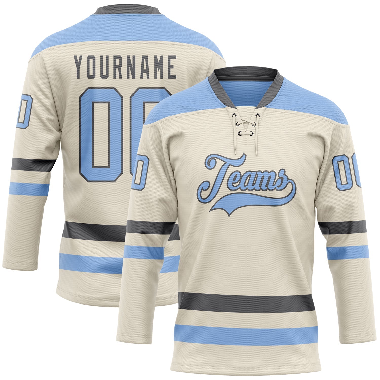 Custom Cream Light Blue-Steel Gray Hockey Lace Neck Jersey - Sky-Custom