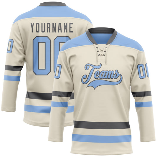 Custom Cream Light Blue-Steel Gray Hockey Lace Neck Jersey - Sky-Custom