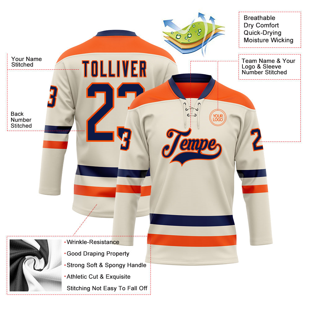 Custom Cream Navy-Orange Hockey Lace Neck Jersey - Sky-Custom