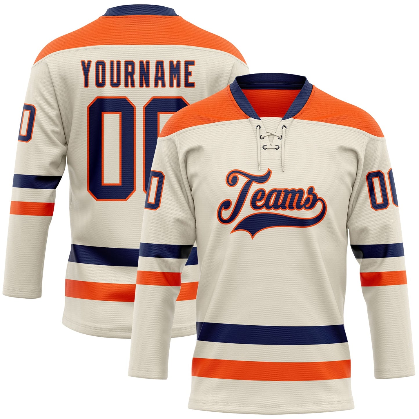 Custom Cream Navy-Orange Hockey Lace Neck Jersey - Sky-Custom
