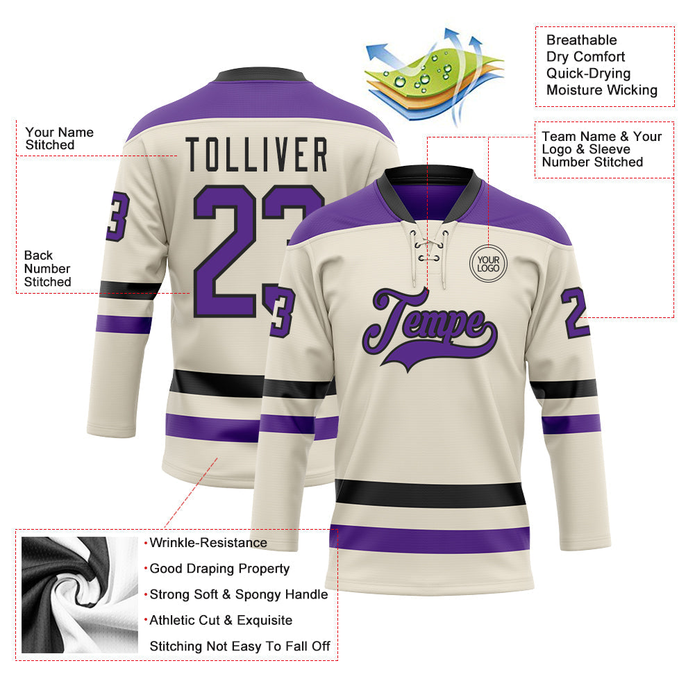 Custom Cream Purple-Black Hockey Lace Neck Jersey - Sky-Custom