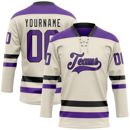 Custom Cream Purple-Black Hockey Lace Neck Jersey - Sky-Custom