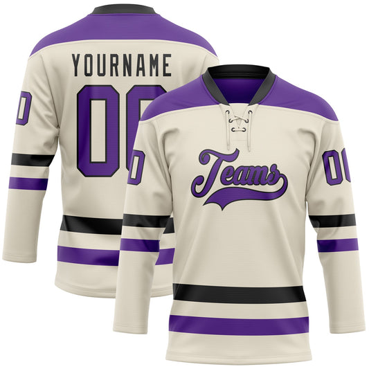 Custom Cream Purple-Black Hockey Lace Neck Jersey - Sky-Custom