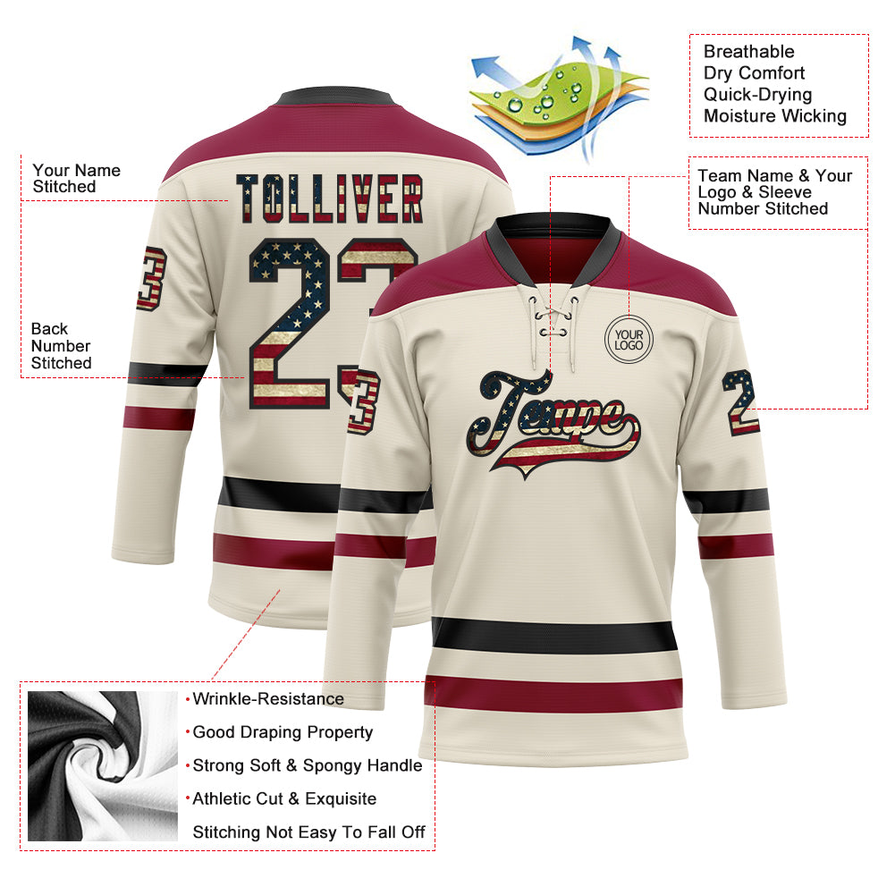 Custom Cream Vintage USA Flag Black-Maroon Hockey Lace Neck Jersey - Sky-Custom