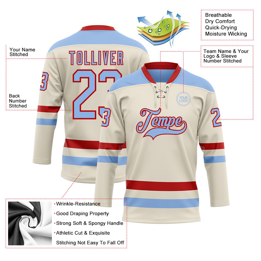 Custom Cream Light Blue-Red Hockey Lace Neck Jersey - Sky-Custom