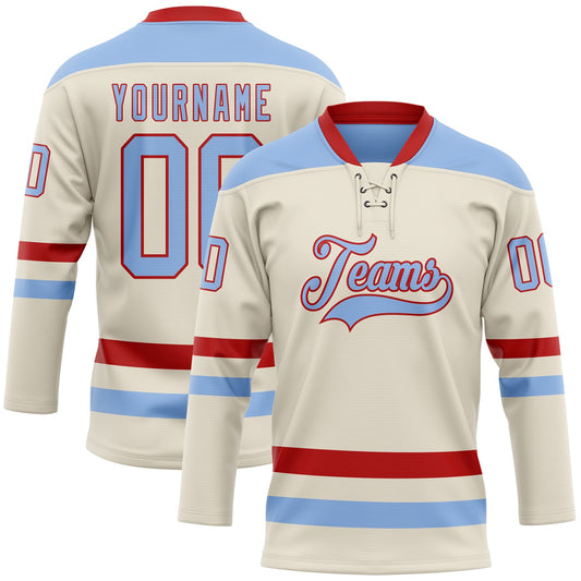 Custom Cream Light Blue-Red Hockey Lace Neck Jersey - Sky-Custom
