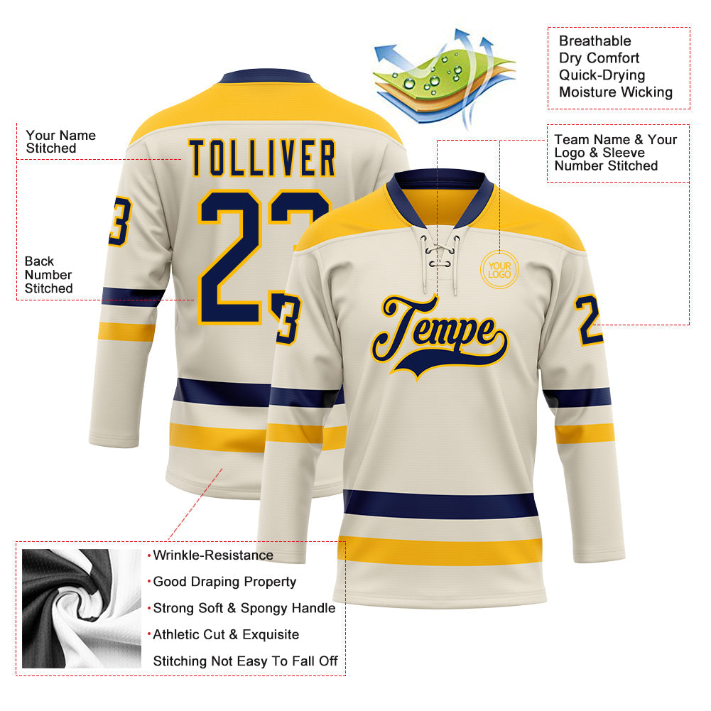 Custom Cream Navy-Gold Hockey Lace Neck Jersey - Sky-Custom