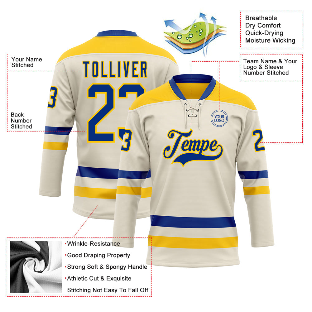 Custom Cream Royal-Yellow Hockey Lace Neck Jersey - Sky-Custom