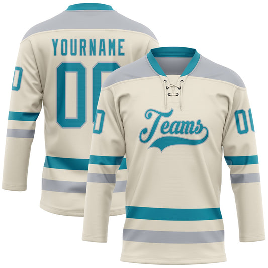 Custom Cream Teal-Gray Hockey Lace Neck Jersey - Sky-Custom