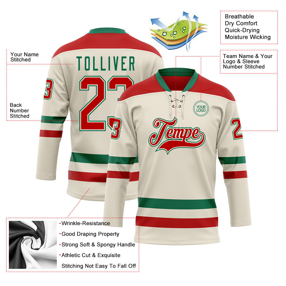 Custom Cream Red-Kelly Green Hockey Lace Neck Jersey - Sky-Custom