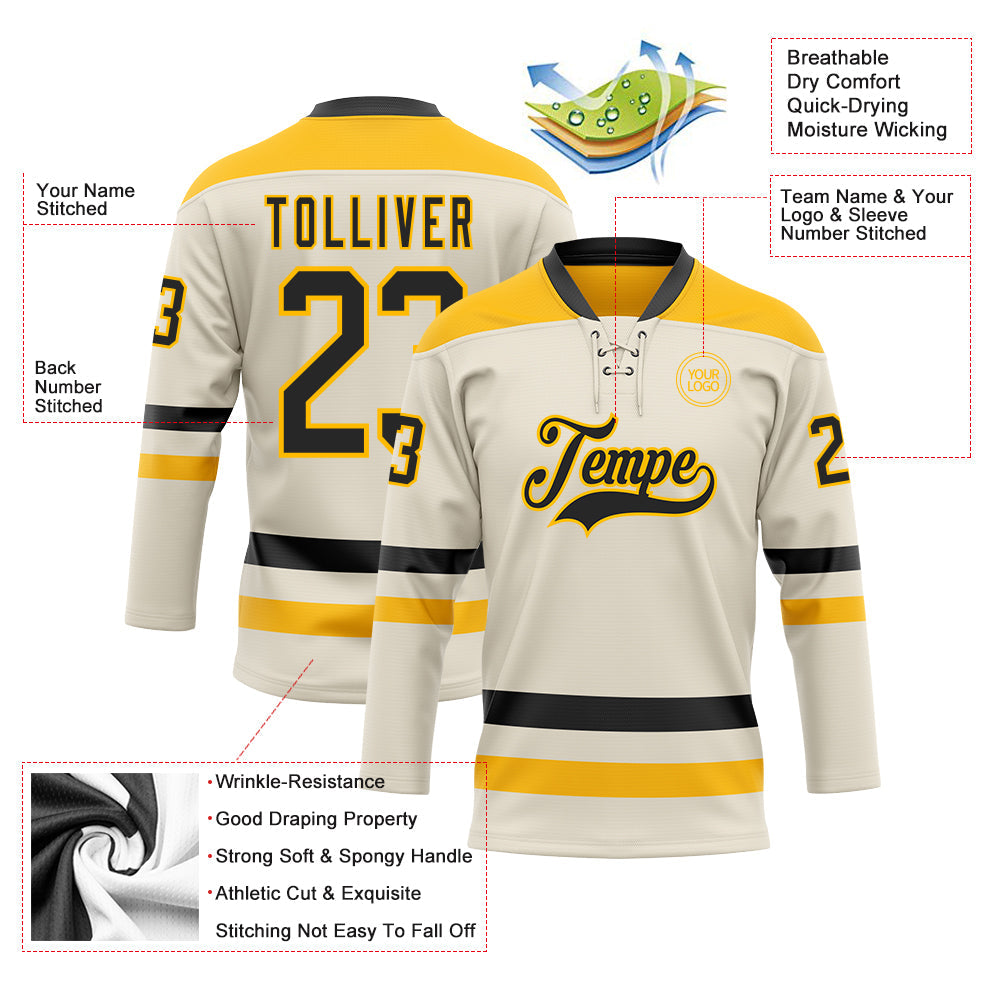 Custom Cream Black-Gold Hockey Lace Neck Jersey - Sky-Custom