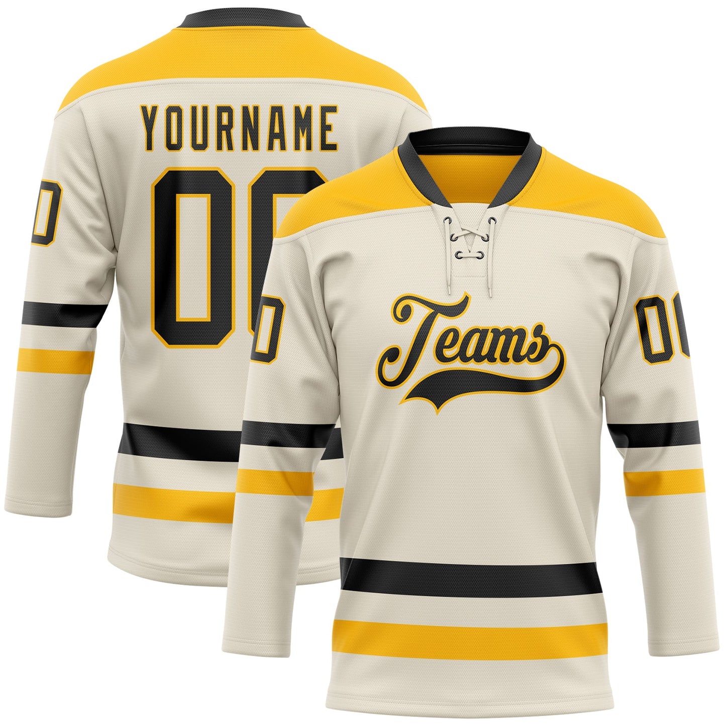 Custom Cream Black-Gold Hockey Lace Neck Jersey - Sky-Custom