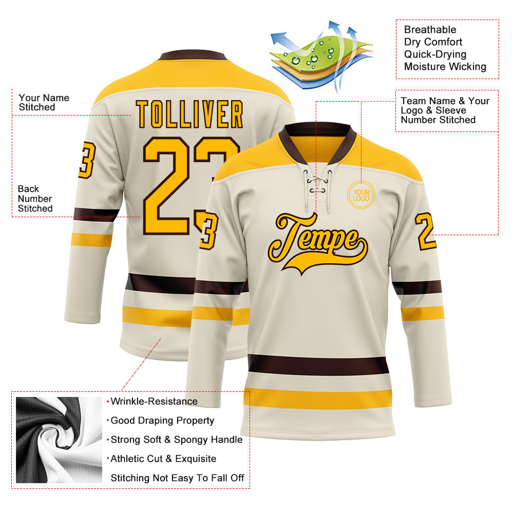 Custom Cream Gold-Brown Hockey Lace Neck Jersey - Sky-Custom