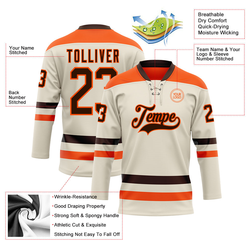 Custom Cream Brown-Orange Hockey Lace Neck Jersey - Sky-Custom