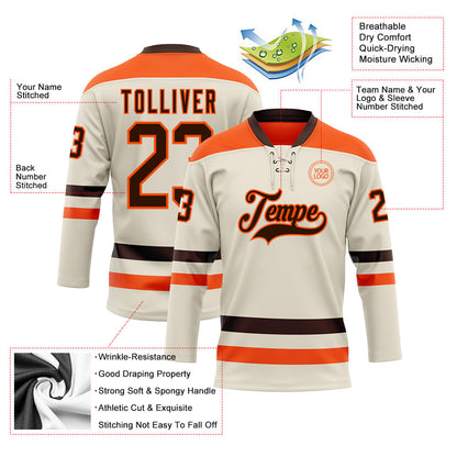 Custom Cream Brown-Orange Hockey Lace Neck Jersey - Sky-Custom