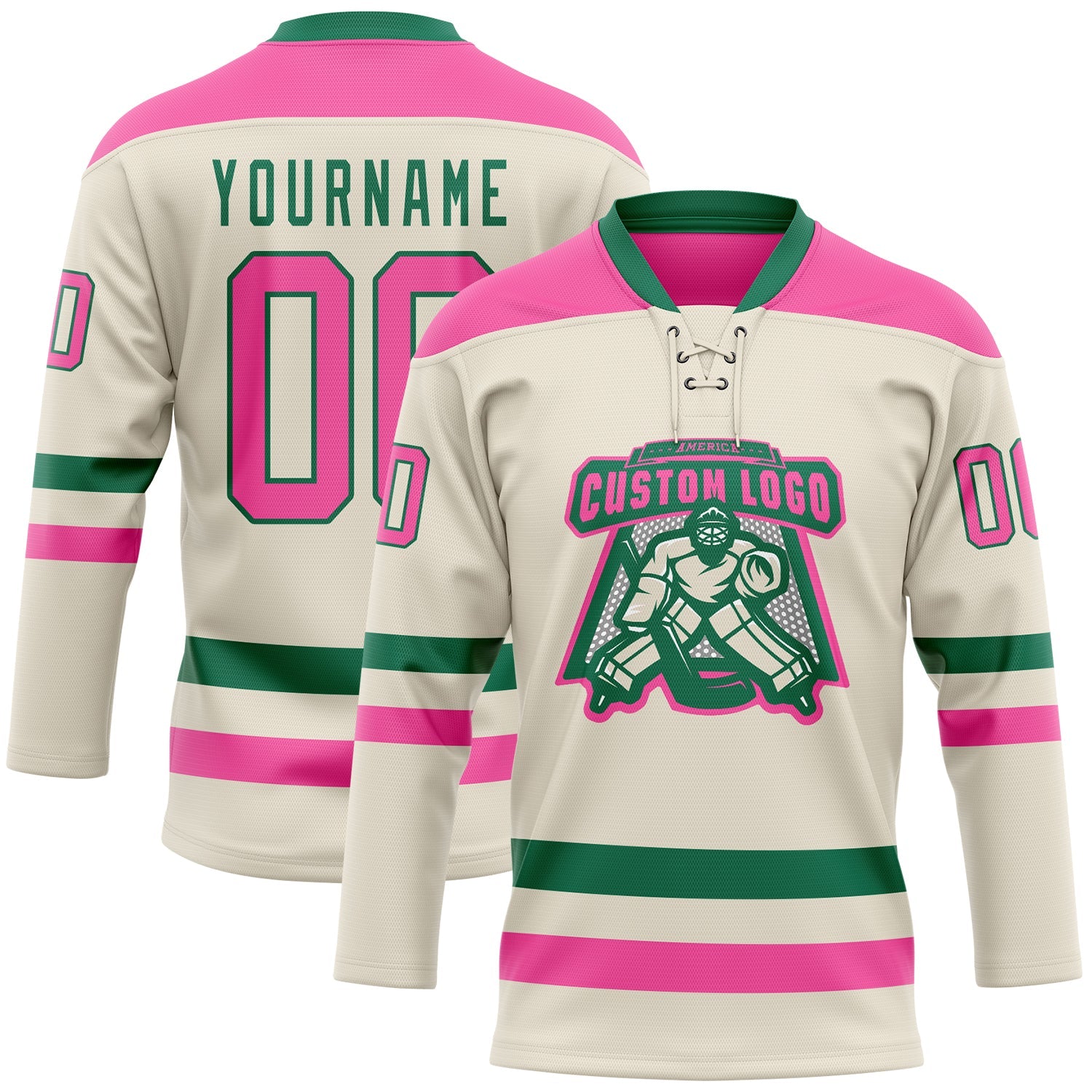 Custom Cream Pink-Kelly Green Hockey Lace Neck Jersey - Sky-Custom
