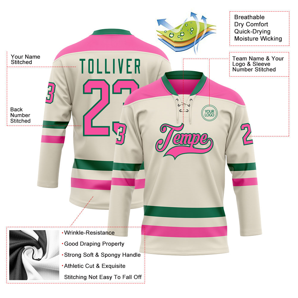 Custom Cream Pink-Kelly Green Hockey Lace Neck Jersey - Sky-Custom
