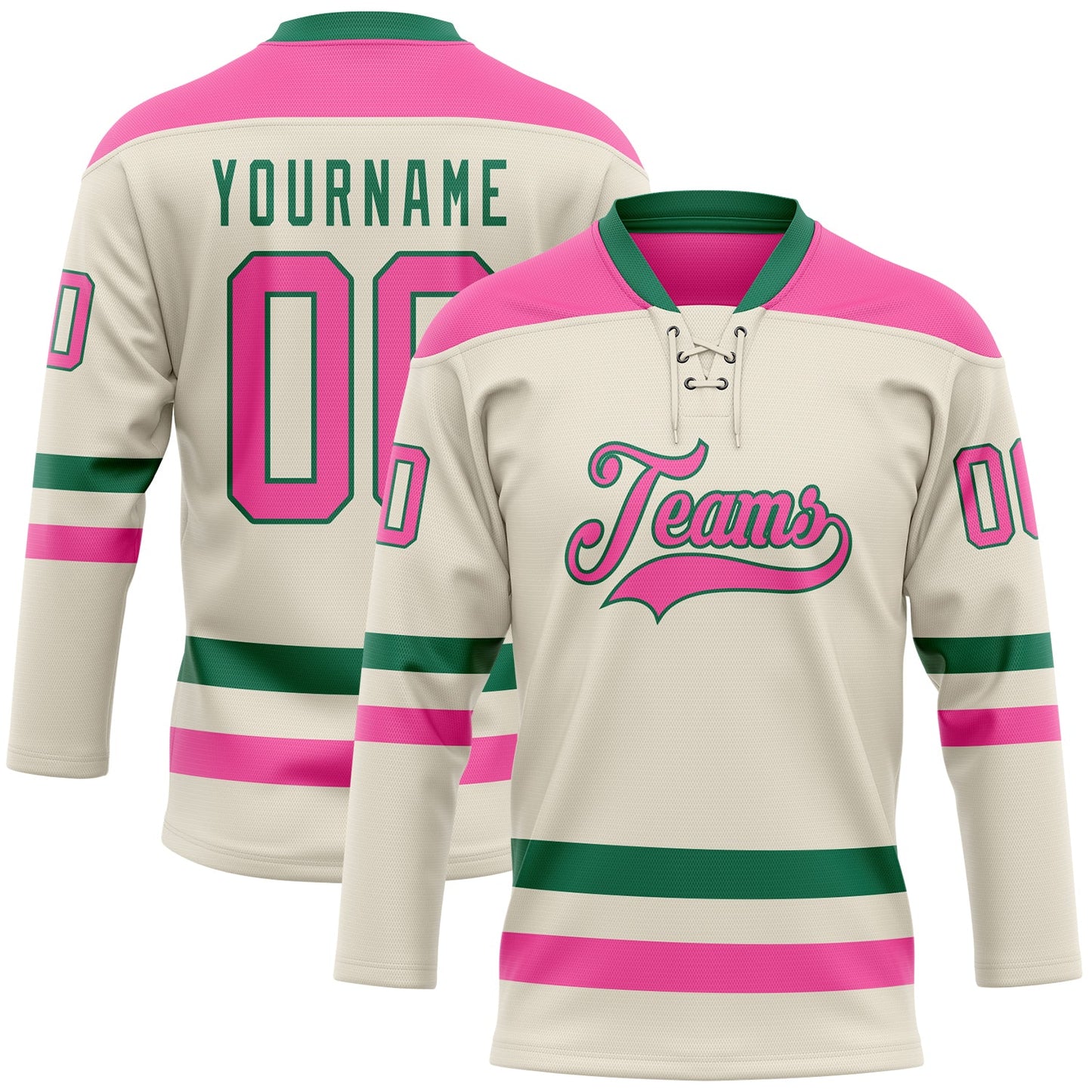 Custom Cream Pink-Kelly Green Hockey Lace Neck Jersey - Sky-Custom