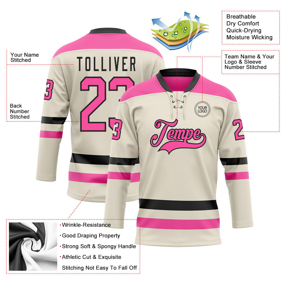 Custom Cream Pink-Black Hockey Lace Neck Jersey - Sky-Custom