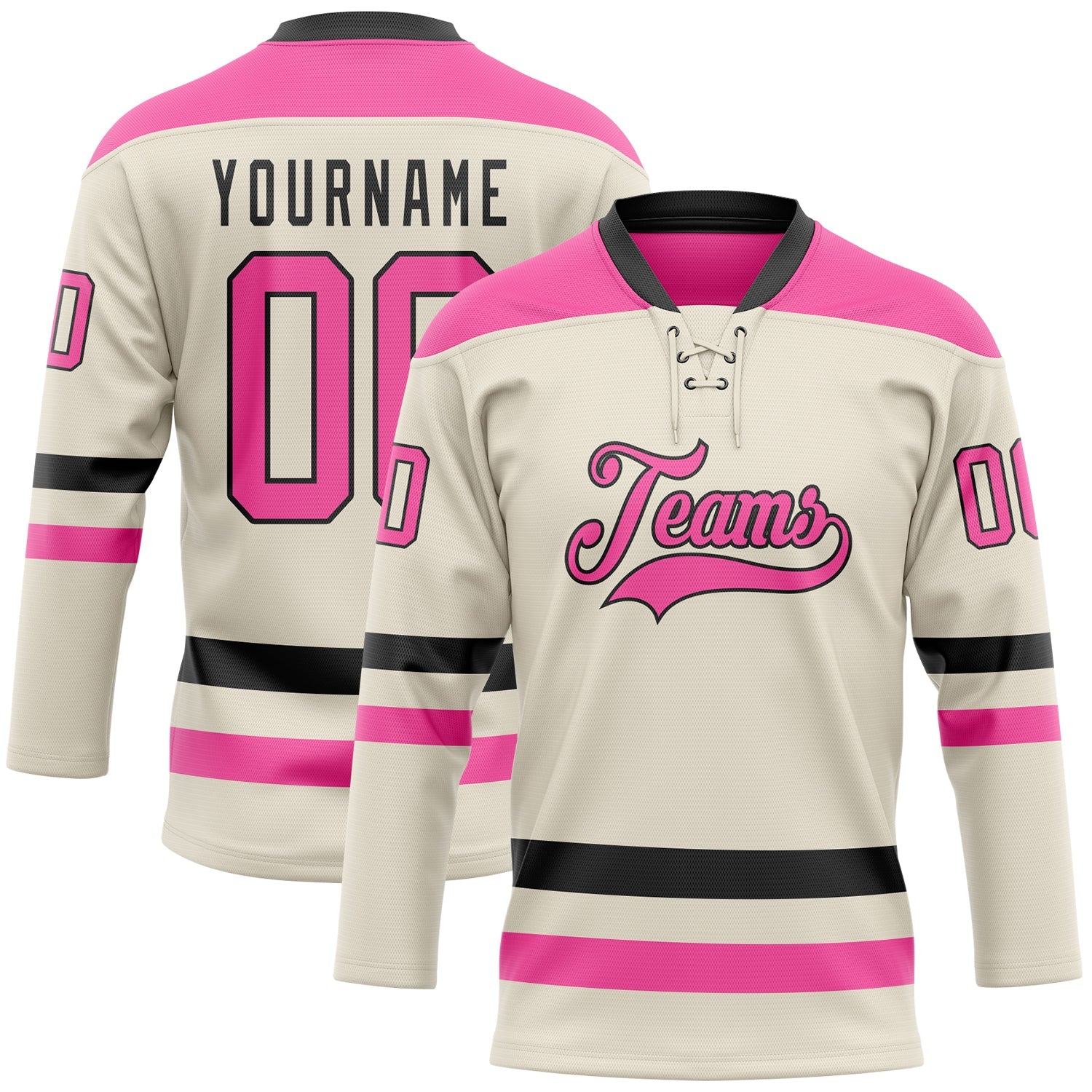 Custom Cream Pink-Black Hockey Lace Neck Jersey - Sky-Custom