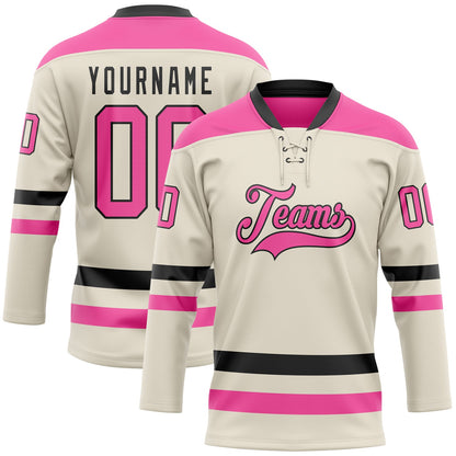 Custom Cream Pink-Black Hockey Lace Neck Jersey - Sky-Custom