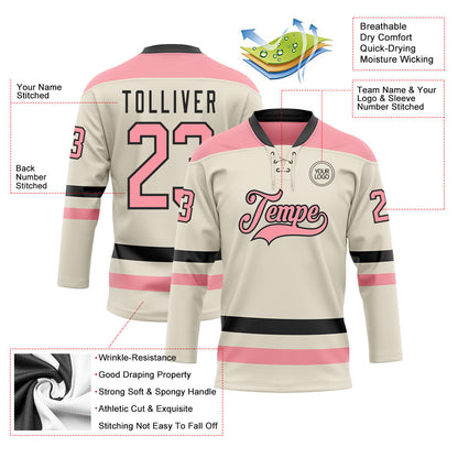 Custom Cream Medium Pink-Black Hockey Lace Neck Jersey - Sky-Custom