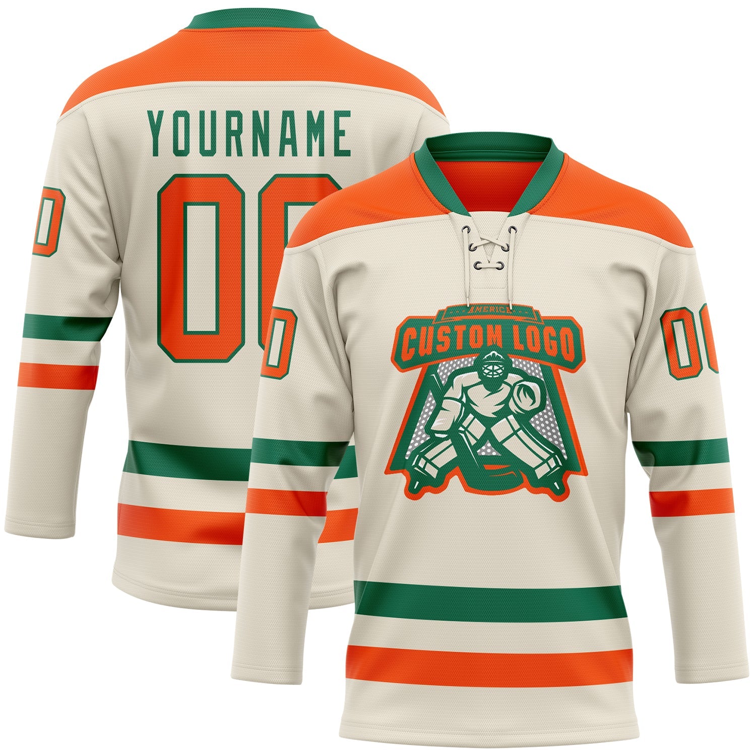 Custom Cream Orange-Kelly Green Hockey Lace Neck Jersey - Sky-Custom
