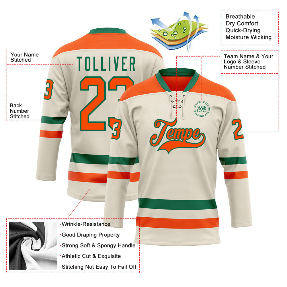 Custom Cream Orange-Kelly Green Hockey Lace Neck Jersey - Sky-Custom