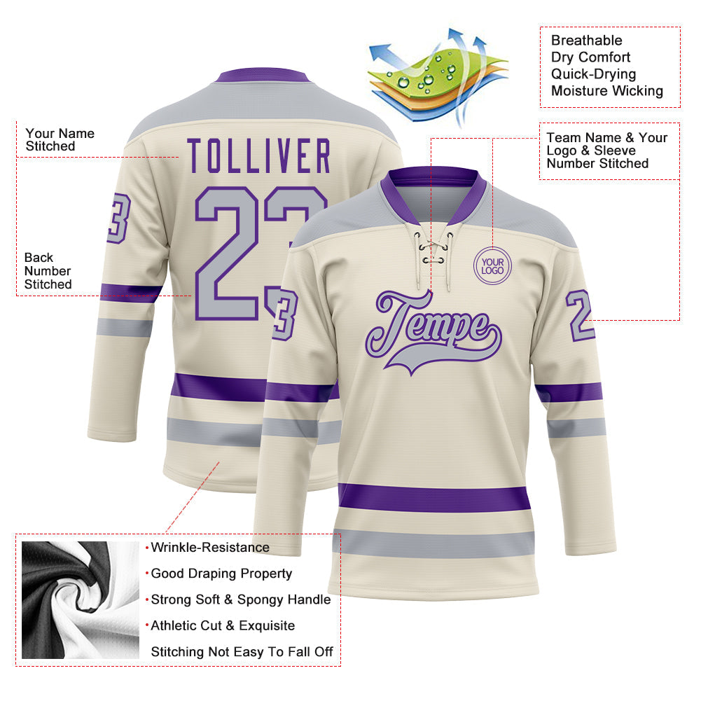 Custom Cream Gray-Purple Hockey Lace Neck Jersey - Sky-Custom