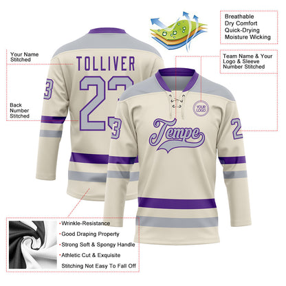 Custom Cream Gray-Purple Hockey Lace Neck Jersey - Sky-Custom