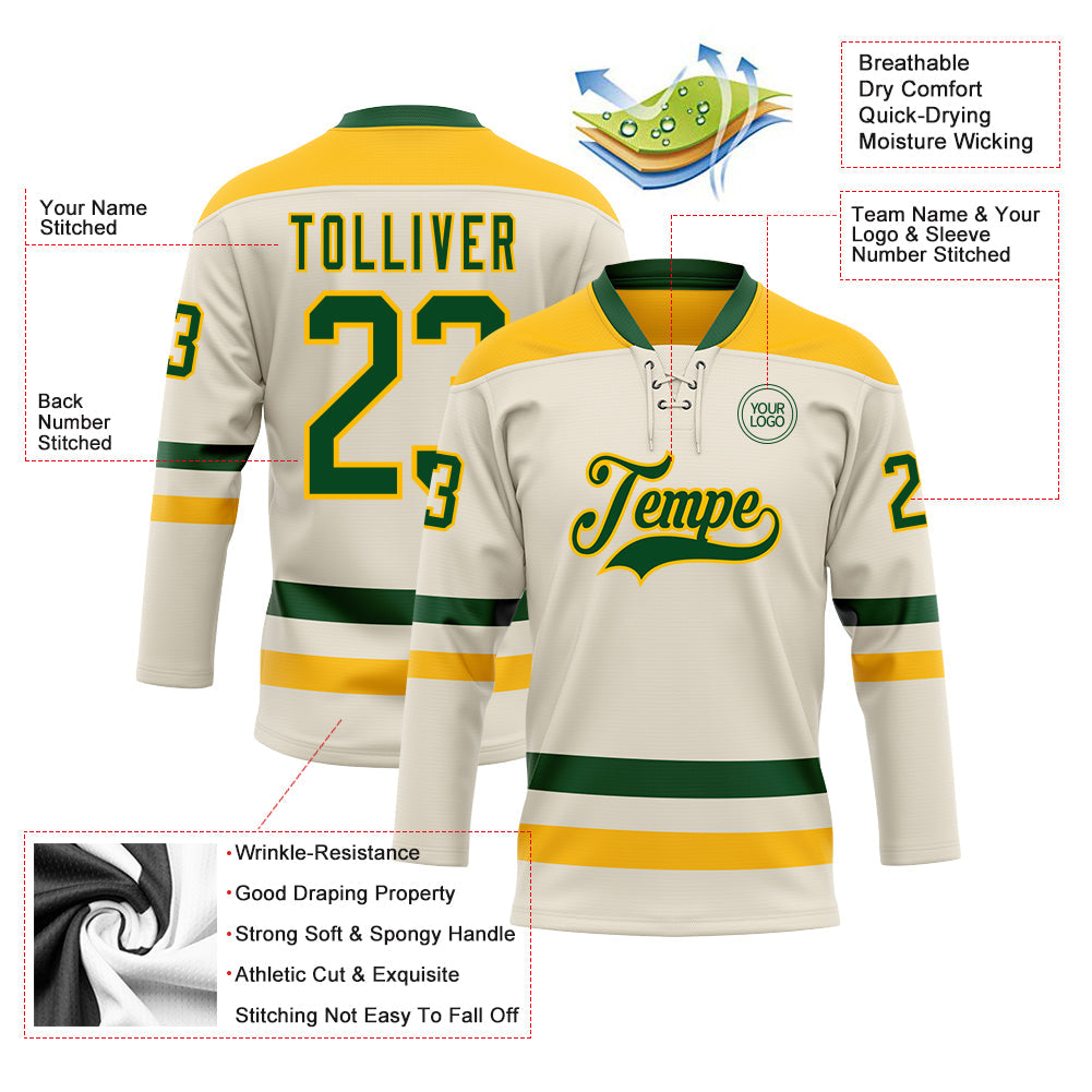 Custom Cream Green-Gold Hockey Lace Neck Jersey - Sky-Custom