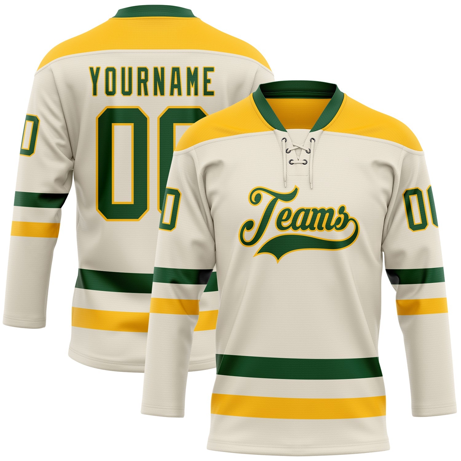Custom Cream Green-Gold Hockey Lace Neck Jersey - Sky-Custom