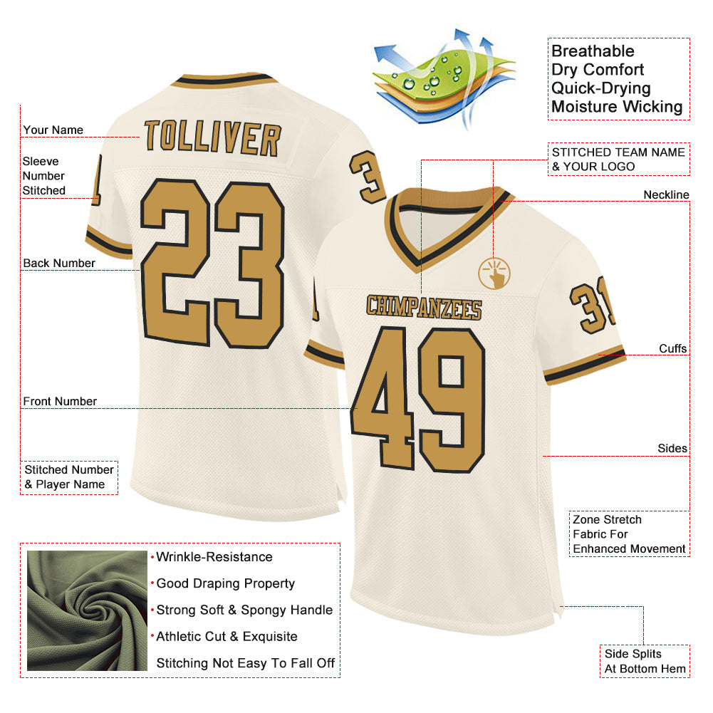 Custom Cream Old Gold-Black Mesh Authentic Throwback Football Jersey - Sky-Custom