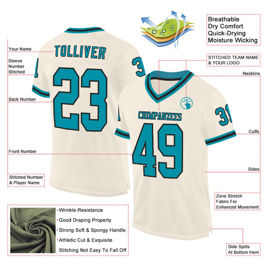 Custom Cream Teal-Black Mesh Authentic Throwback Football Jersey - Sky-Custom