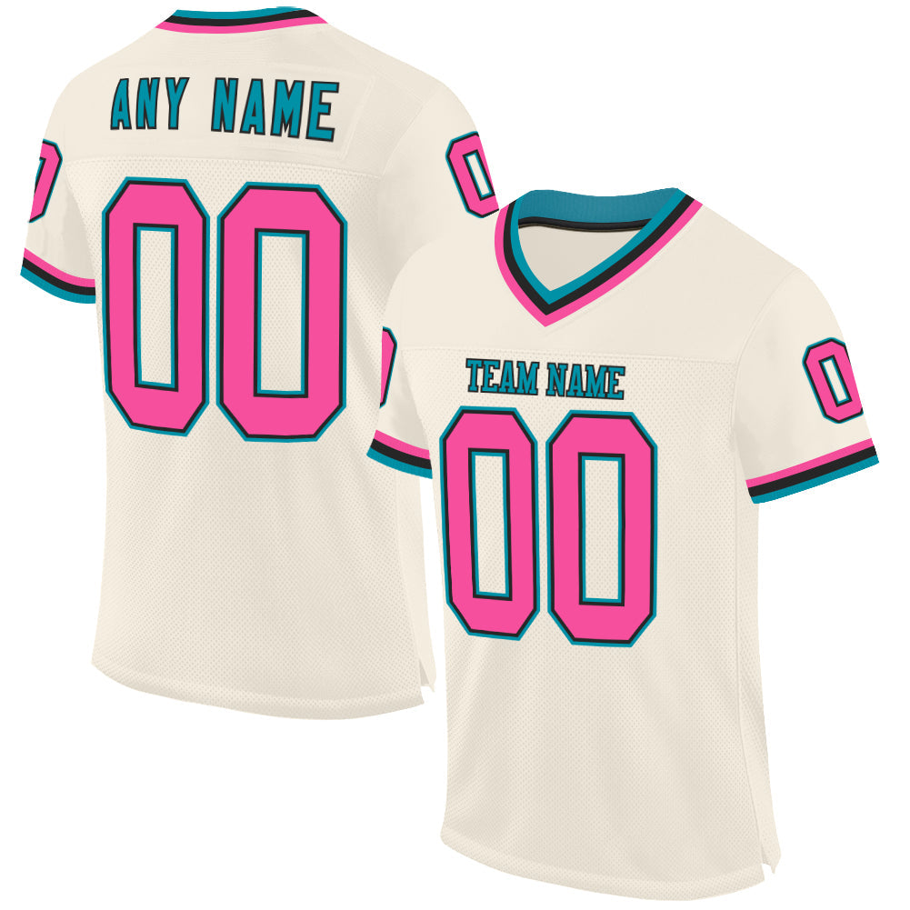 Custom Cream Pink Black-Teal Mesh Authentic Throwback Football Jersey - Sky-Custom
