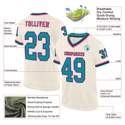 Custom Cream Teal Black-Pink Mesh Authentic Throwback Football Jersey - Sky-Custom