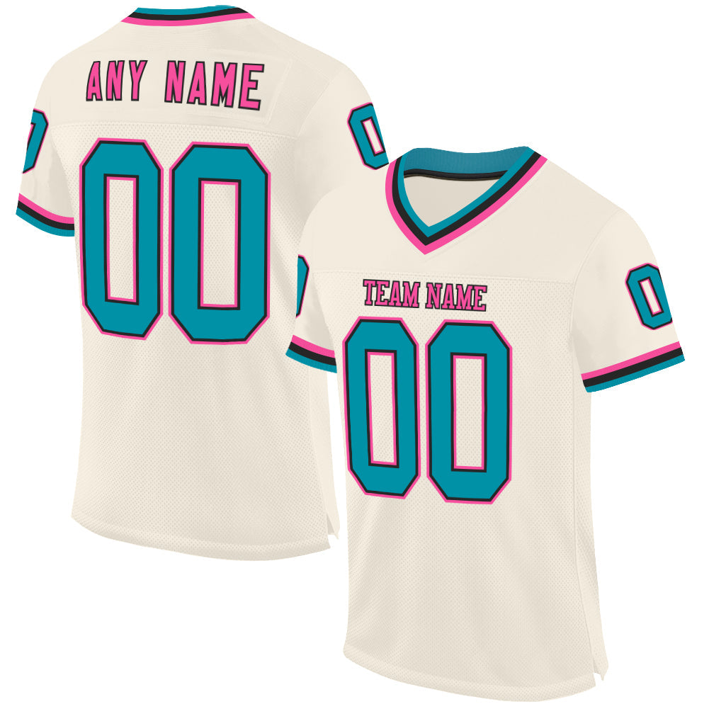 Custom Cream Teal Black-Pink Mesh Authentic Throwback Football Jersey - Sky-Custom