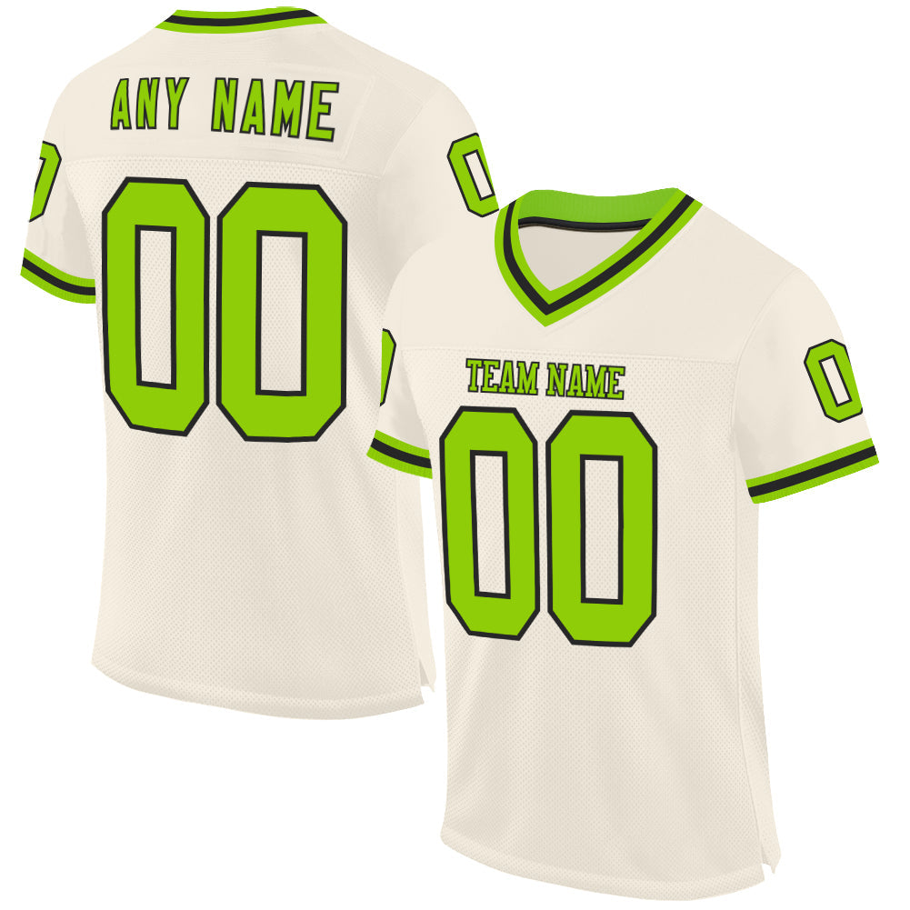 Custom Cream Neon Green-Black Mesh Authentic Throwback Football Jersey - Sky-Custom