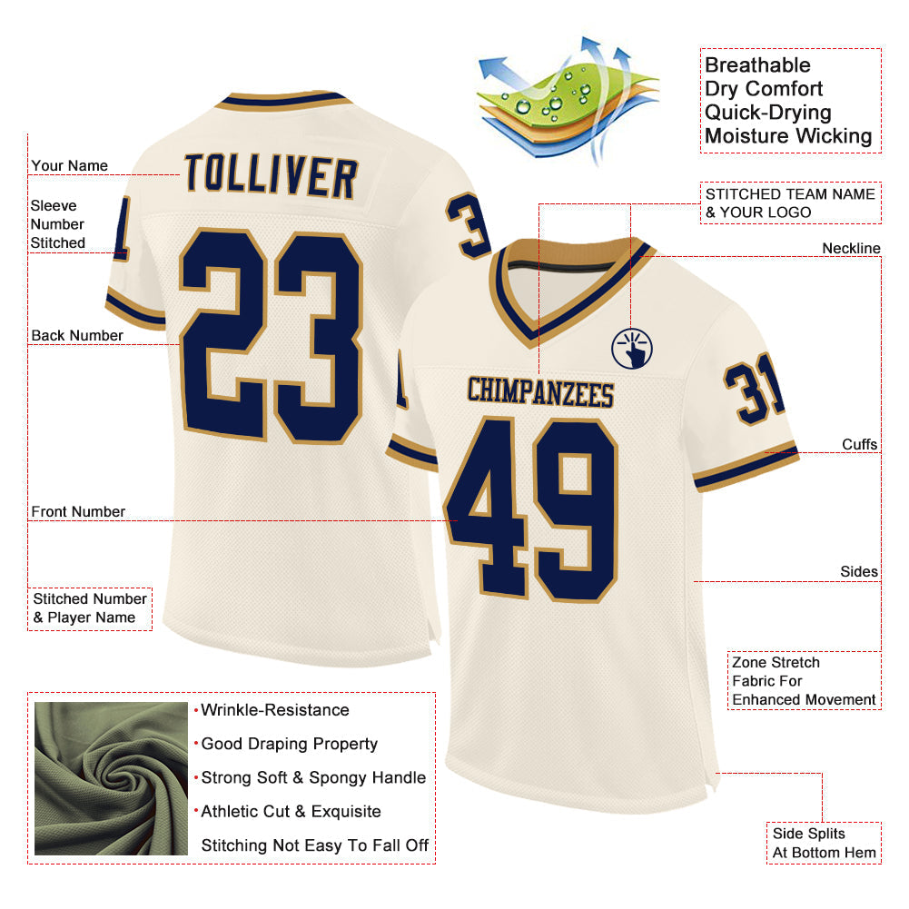 Custom Cream Navy-Old Gold Mesh Authentic Throwback Football Jersey - Sky-Custom