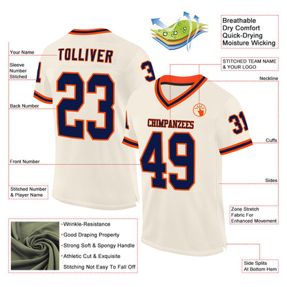 Custom Cream Navy-Orange Mesh Authentic Throwback Football Jersey - Sky-Custom