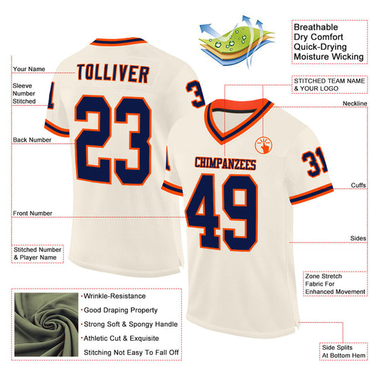 Custom Cream Navy-Orange Mesh Authentic Throwback Football Jersey - Sky-Custom