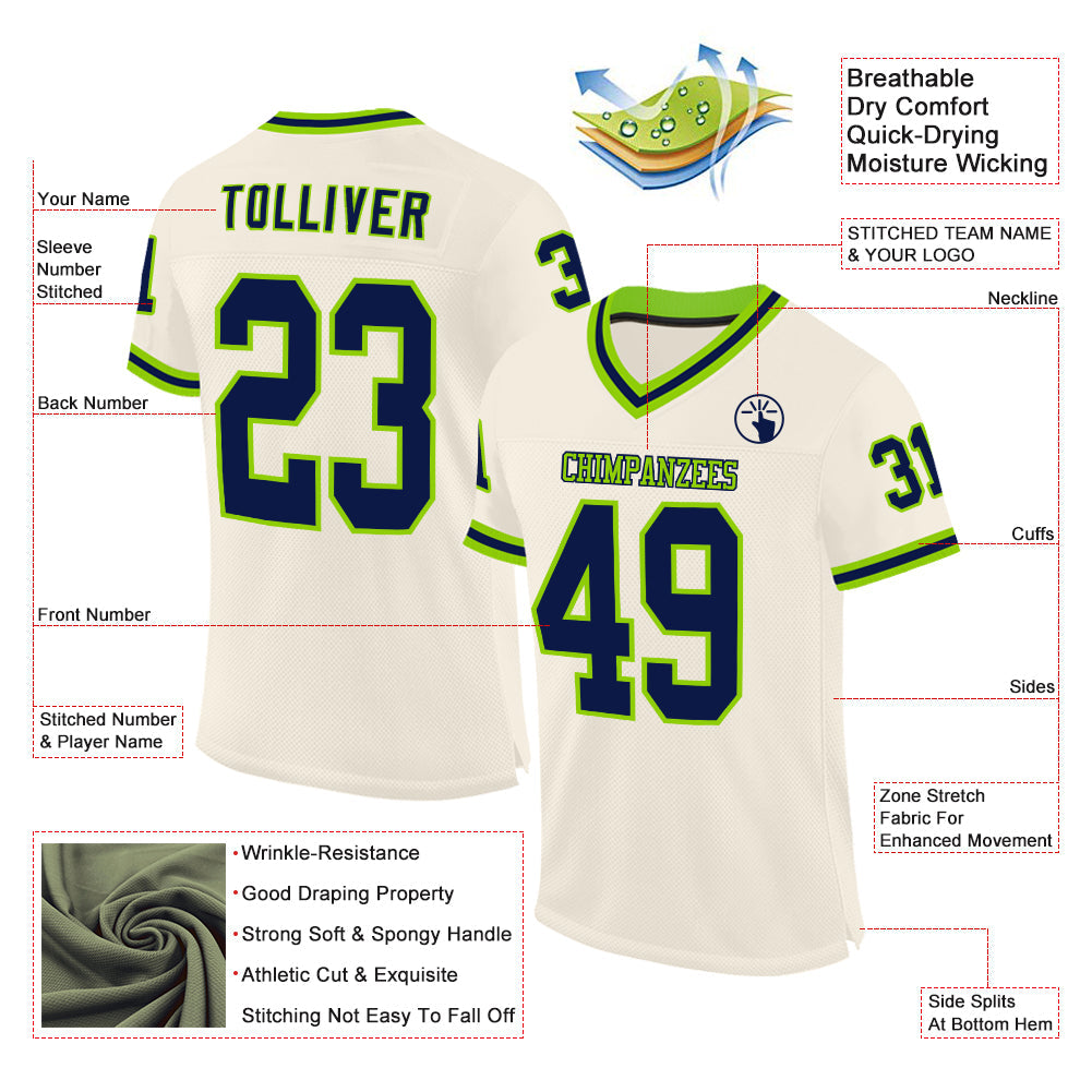 Custom Cream Navy-Neon Green Mesh Authentic Throwback Football Jersey - Sky-Custom