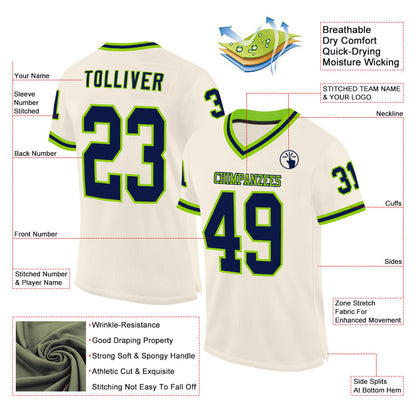 Custom Cream Navy-Neon Green Mesh Authentic Throwback Football Jersey - Sky-Custom