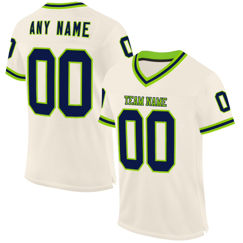 Custom Cream Navy-Neon Green Mesh Authentic Throwback Football Jersey - Sky-Custom