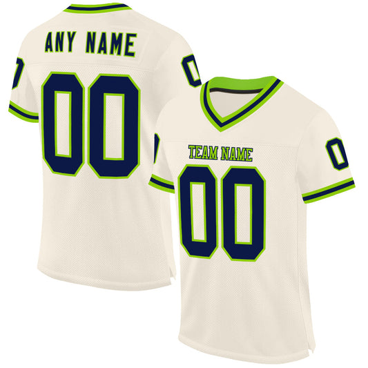 Custom Cream Navy-Neon Green Mesh Authentic Throwback Football Jersey - Sky-Custom