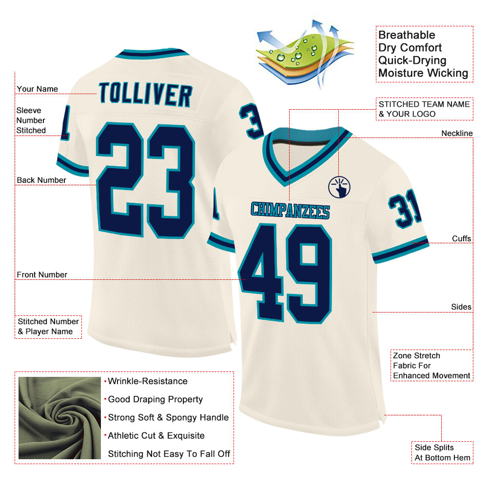 Custom Cream Navy-Teal Mesh Authentic Throwback Football Jersey - Sky-Custom