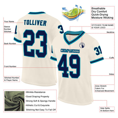 Custom Cream Navy-Teal Mesh Authentic Throwback Football Jersey - Sky-Custom