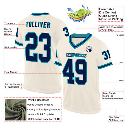 Custom Cream Navy-Teal Mesh Authentic Throwback Football Jersey - Sky-Custom