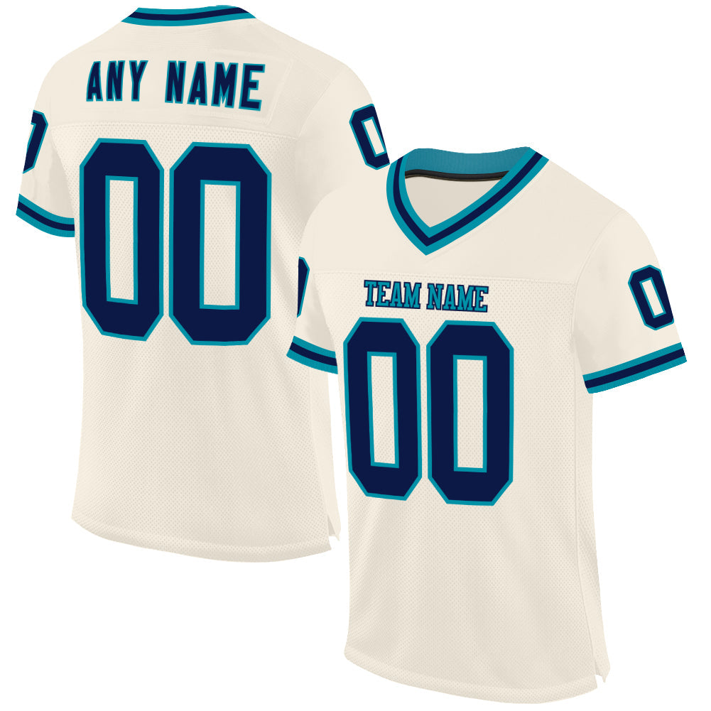 Custom Cream Navy-Teal Mesh Authentic Throwback Football Jersey - Sky-Custom